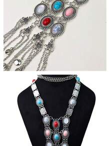 1 件长款波西米亚复古风格绿松石个性项链，复古银色调舞蹈表演毛衣链，适合女士 - 做舊復古 - 查看 3