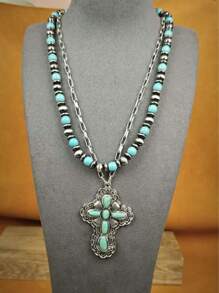1 pezzo Collana con pendente a forma di croce intarsiato in turchese, ispirato allo stile , unisex
