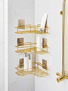 1 Estantería de esquina perforada para baño, estantería de almacenamiento de baño, estantería de almacenamiento del lavabo, estantería de almacenamiento del cuarto de ducha, estantería de almacenamiento de baño perforada - Dorado - Ver 9