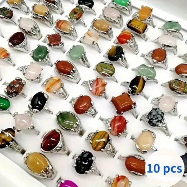 Lote de 10/20 piezas Anillos unisex retro de piedra natural y anillos de nueva moda, regalos de fiesta