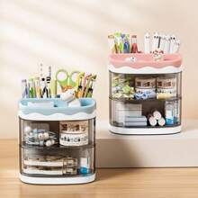1Pc Rotating Drawer Style Storage Box Pen Holder, For Desktop Storage Pencil Storage Rack Cute Desktop Pen Cup Makeup Brush Container Home Decoration Stationery Storage Multifunctional Storage Box,Back To School,School Supplies,Pencil Case,Pencil Pouch,School Bag