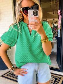 ELVA Damen Lässig Einfache Rückkehr zur Schule Kleidung Einfarbige Textur Kerbe Ausschnitt Puffärmel Bluse Rückkehr zur Schule Kleidung