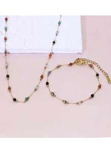1 Set de Collar, Pulsera y Tobillera de Acero Inoxidable con Cuentas de Estilo Bohemio Minimalista y Colorido, apto para Uso Diario o Vacaciones en la Playa, también un Gran Regalo para el Día de la Madre