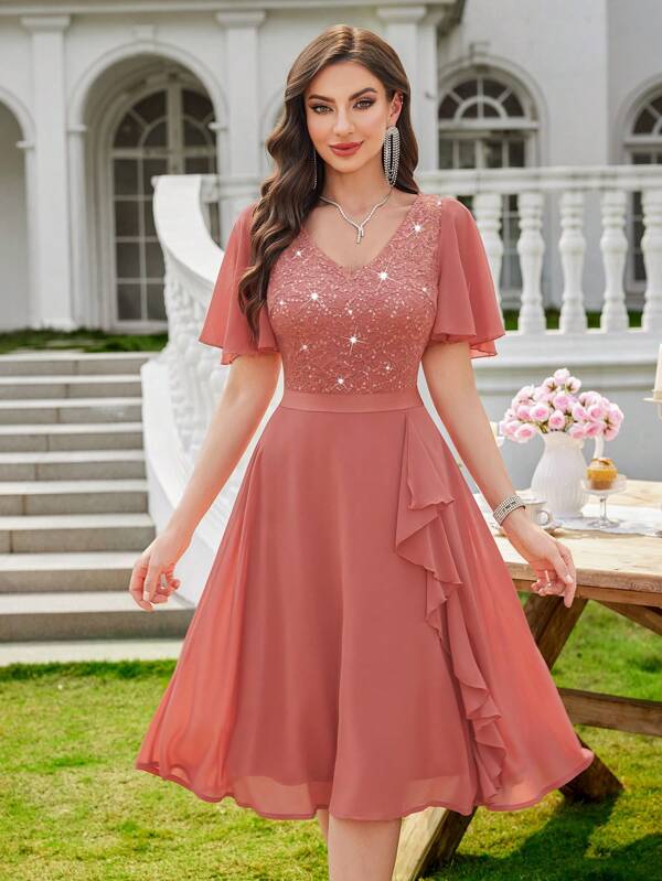 MIUSOL V-Neck Lace Sequin Insert Chiffon Ruffle Cocktail Party Swing Dress Elegant Prom Semi Formal Wedding Guest Dress, For Birthday, Graduation, Homecoming