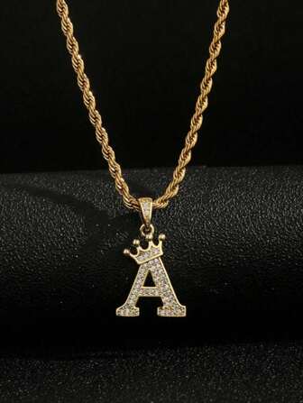 1pc 18K Gold Summer Men's Fashion Creative 26 Crown Initial Pendant, Stainless Steel Waterproof Non-Fading Twisted Chain Necklace, Suitable For Daily Wear, Parties, Mother's Day Gift
