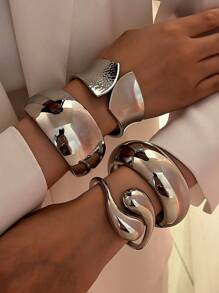 1 pieza Brazalete ancho exagerado de color plateado / Diseño básico de brazalete con broche de gota de agua / Joyas de pulsera minimalista geométrica para uso diario
