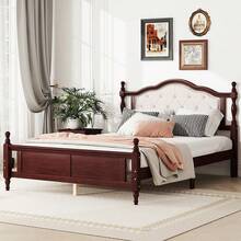 YOGLAD Queen Size Bed Frame Solid Pine Wood With Upholstered Headboard, Platform Bed With Storage Under Bed, Vintage Style Wooden Bed Frame With Center Support & Bed Rails, Rustic Minimalist Bedroom Furniture For Home Decor - 櫻桃 - 查看 4