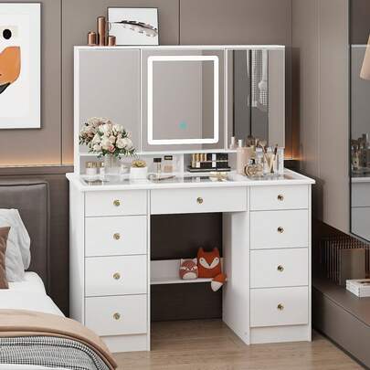 Three-Sided Mirror Dresser, 50cm Wide, Wooden, Makeup Table, With Light, Large Storage Capacity, White Actress Mirror, Dressing Table, Vanity Table, White