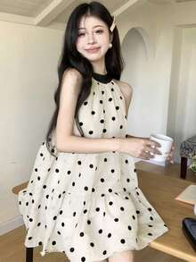 法式无袖系带波点雪纺连衣裙，休闲优雅，适合娇小身材，宽松夏季迷你裙 - 杏色 - 查看 1