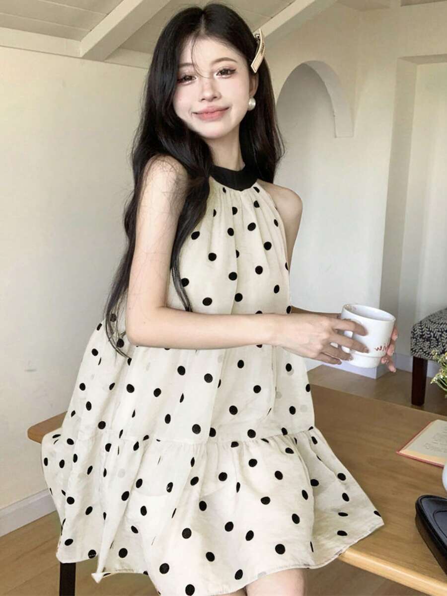 法式无袖系带波点雪纺连衣裙，休闲优雅，适合娇小身材，宽松夏季迷你裙 - 杏色 - 查看 1