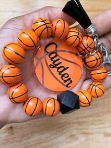 1pc Custom Sports Wristlet Bracelet Keychains, Customizable With Name, Personalized Wood Beads Sports Print Soccer Bracelet Keychains, Acrylic Print Volleyball Sports Wristlet Bracelet Keychain, Sports Wristlet Soccer/Volleyball/Basketball/Baseball