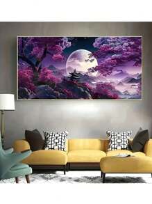 Pintura de Diamante 5D, Conjunto de Pintura de Pedras de Diamante de Paisagem Abstrata Moderna, Pintura de Diamante de Paisagem com Bottom Roxo, Lua e Árvore, Pôster para Decoração de Parede da Sala de Estar e de Casa