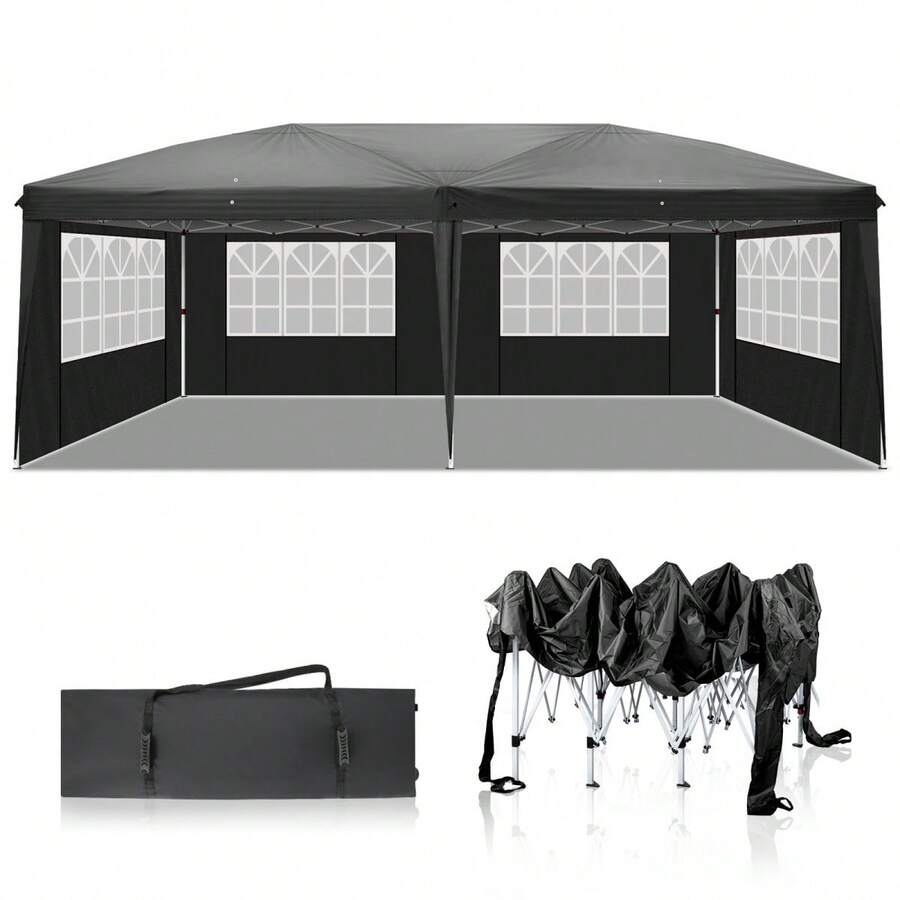 TOPAIM タープテント 3m×6m サイドシート6枚付き ワンタッチ 収納バッグ付き 3段階調節 UVカット 大型 耐水 レジャー イベント 海 バーベキュー 防災 運動会 おしゃれ 日除け 簡単取り付け (ブラック) - ブラック - チェックする 1
