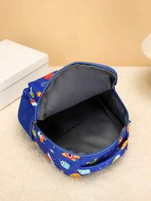 1pc Nylon Zipper Closure Fashion Cartoon Backpack, Adjustable Strap Personalized Design Backpack, Cute Random Spaceship Printed Pattern, Perfect Gift For Teenagers - Royal Blue - View 5