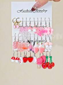 10pcs/12pcs/32pcs Mixed Cute Ombre Bowknot Bear Fish Resin Earring Set, Funny Food Model Earrings In Cherry, Ice Cream, Mushroom, Flower Designs - Style 1 - View 1