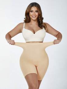 女式高腰弹力修身紧身裤，超柔软单层，膝盖长度 - 杏色 - 查看 6