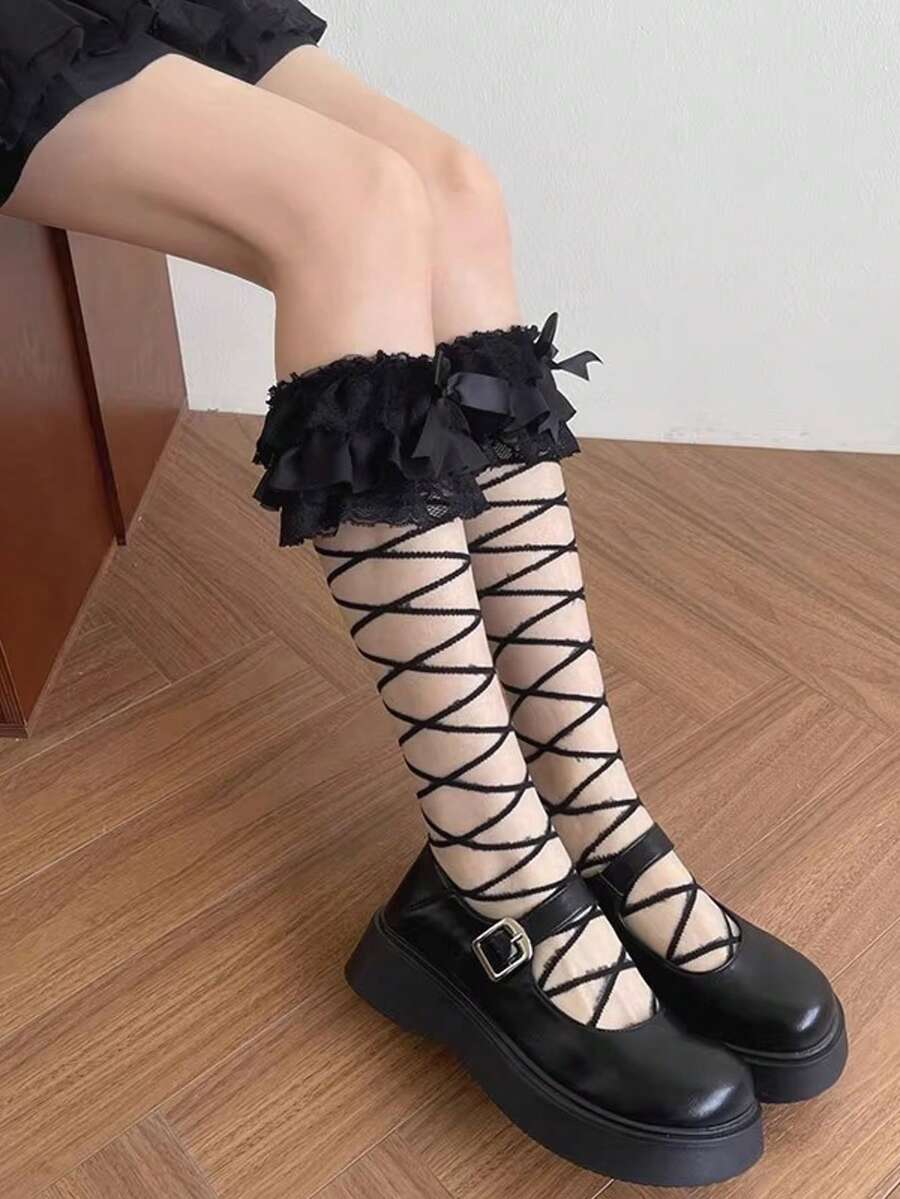 1 Pair Japanese Style Summer Sheer Crystal Polka Dot Frill Trim Bow Socks - Black - View 1