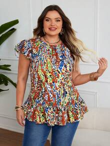Plus Size Women Casual Leaf Print Flutter Sleeve Ruched Shoulder Round Neck With Ruffle Hem Vacation Top, Summer - Orange - View 5