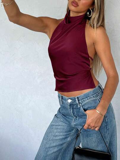 Women Acute Halter Neck Satin Sleeveless Backless Solid Color Slim Fit Summer Tank Crop Tops Teen Girls Aesthetic Clothes Club Streetwear Summer Holiday Outfits Going Out Top Spring Clothes Beach Wear St Patricks Day