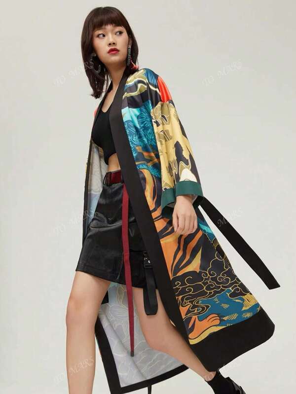 Cardigan lung tip kimono cu imprimeu vintage de tigru, mărime plus, haine de baie casual cu croială lejeră, halat de baie pentru vacanță la plajă, mărime plus, vară