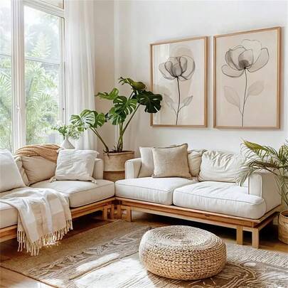 1 Pieza/2 Piezas Decoración de pared con arte de flores silvestres beige con textura, pósteres de arte moderno abstracto con líneas, acuarela floral minimalista, estilo bohemio, impresiones en lienzo para sala de estar, dormitorio, oficina en casa, dormitorio, diseño de fondo de pared, imagen enmarcada/sin marco