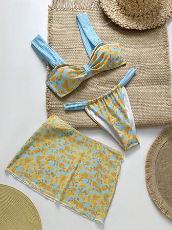 3件套性感沙滩装女士比基尼套装，欧美风格碎花沙滩短款纱笼罩衫泳装