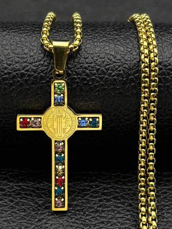 Catholic Jesus Cross Stainless Steel Necklace Saint Benedict Crystal Virgin Mary Pendant  Male Necklace