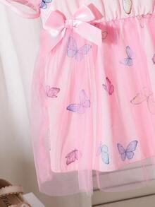 女婴蝴蝶印花拼接网眼泡泡袖连衣裙，宫廷风，适合外出、聚会、春夏