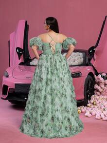 Faeriesty Luxe Plus Puff Sleeves Lace Up Back Floral Mesh Cake Dress For Graduation Proms, Wedding Banquets, Galas & Romantic Evening Events - Green - View 3