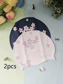 2 قطعة قبعات سباحة سيليكون للكبار بطباعة أزياء مكبرة مقاومة للماء، قبعات سباحة مطاطية للنساء واكسسوارات السباحة - متعدد الألوان - مشاهدة 1