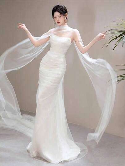 新娘休闲轻便长头纱围巾，适合婚礼拍照，纯色网眼装饰新娘配饰秋季女士服装