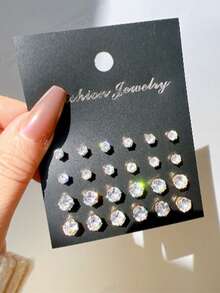 24pcs Fashionable Versatile Minimalist Zirconia Stud Earrings - Yellow Gold - View 1