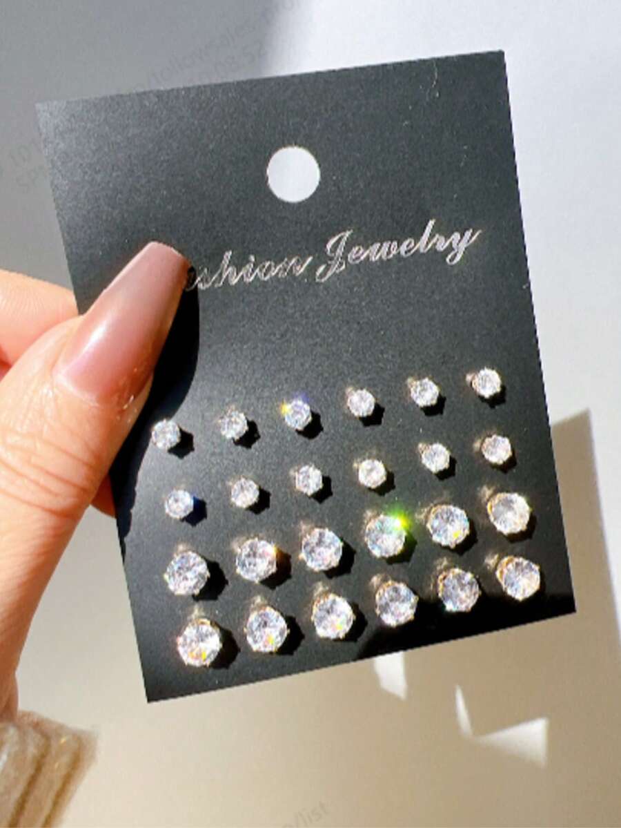 24pcs Fashionable Versatile Minimalist Zirconia Stud Earrings - Yellow Gold - View 1