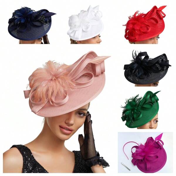 Elegant Alluring Women Derby Church Wedding Feather Sinamay Fascinator Headband Hair Clip Mini Hats Tiny Hats Derby Hat Mini Top Hat Mini Cap