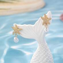 1 Pair Fashion European & American Style Starfish & Faux Pearl Beach Themed Metallic Tassel Women Earrings, Suitable For Beach Travel & Holiday Wear