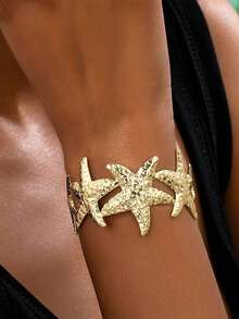 1pc Casual Vacation Style Ocean Element Women Bracelet, Iron Starfish Shaped Open Cuff Bracelet, Great For Vacation And Daily Wear In Summer