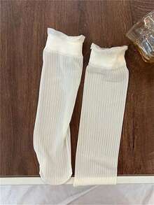 3 Pairs Heart, Dot & Stripe Patterned Sheer Knee High Socks, White, Suitable For Teenage Girls, Summer