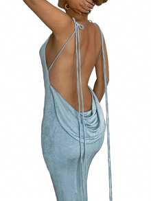 Women's Backless Bandage Long Dresses Spaghetii Strap Club Party Elegant Bodycon Maxi Dress - Baby Blue - View 2