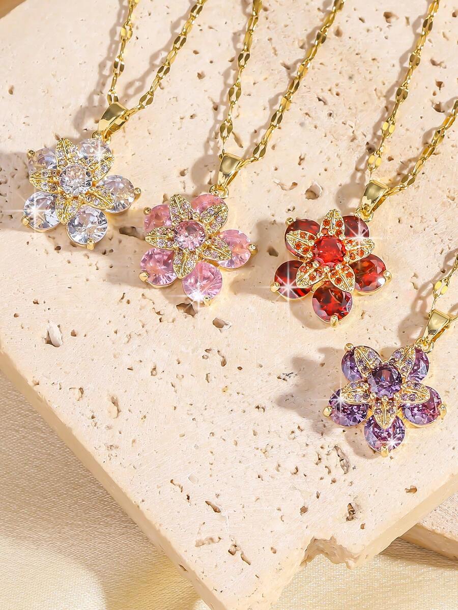 1pc Cubic Zirconia Decorated Flower Pendant Necklace - Gold - View 1