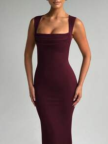 Summer Women Sleeveless Square Collar Bodycon Elegant Long Dress Sexy Party Dress Evening, For Cocktail - Burgundy - View 2