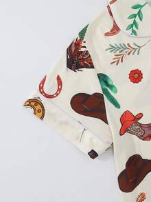 [Livanti Pajamas]2pcs/Set Women Lightweight Short Sleeve Sleepwear Set, Collared Button-Down Shirt With Floral & Cowboy Boot Prints, Comfortable & Loose Fit, Suitable For All Seasons - Apricot - View 10