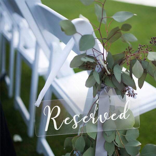 1/4/6 piezas Señales de silla de boda reservada, Moderno Señal de silla reservada de acrílico, Decoración de mesa reservada, Señal colgante reservada para sillas, Señales de asiento reservado de acrílico con cinta, Decoración de boda, Decoración del hogar, Decoración de la habitación Regalos para fiestas, Novia, Graduación, Verano, Cumpleaños, Regalos Playa, Regreso a la escuela, Útiles escolares