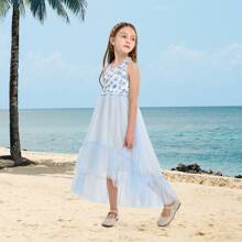 Little Girls' Ruffled Tulle Summer Dress With Floral Print Garden Parties