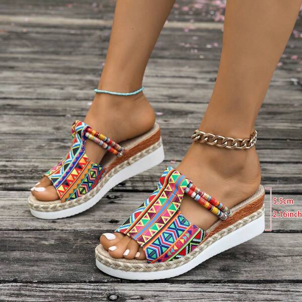 Women Graffiti Platform Sandals - Canvas High Heel Slip-On Slippers With Woven Details, Suitable For Beach