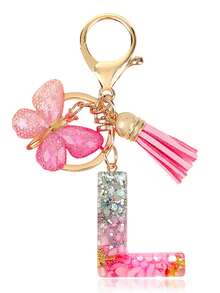 Personalized Bling Monogram Keychain For Women - Resin Letter Charm With Silvery Glitter, Pink Pebble & Gold Star Shaker - Birthday Gifts For Her, Anniversary Present With Pink Tassel & Butterfly Accent Car Accessories Bag Charm School Cute Goth Y2k - Pink - View 34