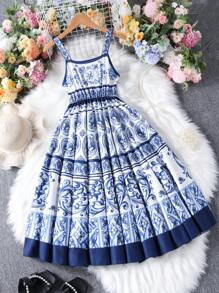 Abito a sottoveste vintage con stampa floreale per ragazze, adatto per spiaggia e vacanze