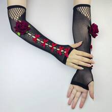 Gotische dunkelrote Spitzen-Fingerlose Handschuhe in mittlerer Länge, schwarze elastische atmungsaktive Netzhandschuhe für Partys