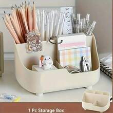 1pc Large Capacity Minimalist Solid Beige 5 Grid Desktop Storage Box, Made Of Other Material, For Desktop Use