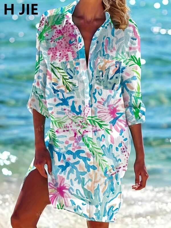 Camisa tipo pareo con estampado tropical para mujer - Hecha de poliéster ligero, con diseño floral vibrante, manga larga y bolsillo en el pecho, perfecta para vacaciones, salidas de verano, accesorios de playa y atuendo de graduación