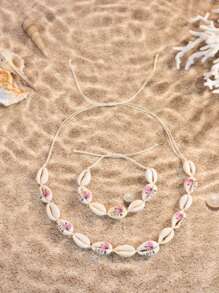 Conjunto de 2 peças de pulseira e colar de argila macia com conchas e flores, estilo boêmio, com estampa de rosa, margarida, estrela, leopardo e arco-íris, joias de praia estilo oceano